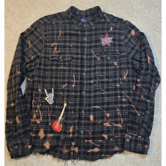 OOAK Upcycled Flannel Shirt Def Leppard Rockabilly Patches Distressed Grunge XL - Picture 3 of 13